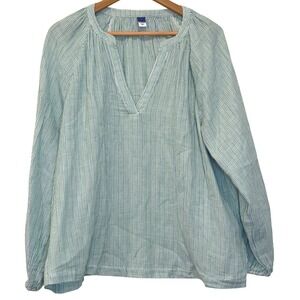 Old Navy Green Blue Striped Cotton Split Neck Tunic Shirt Top Pullover- Large